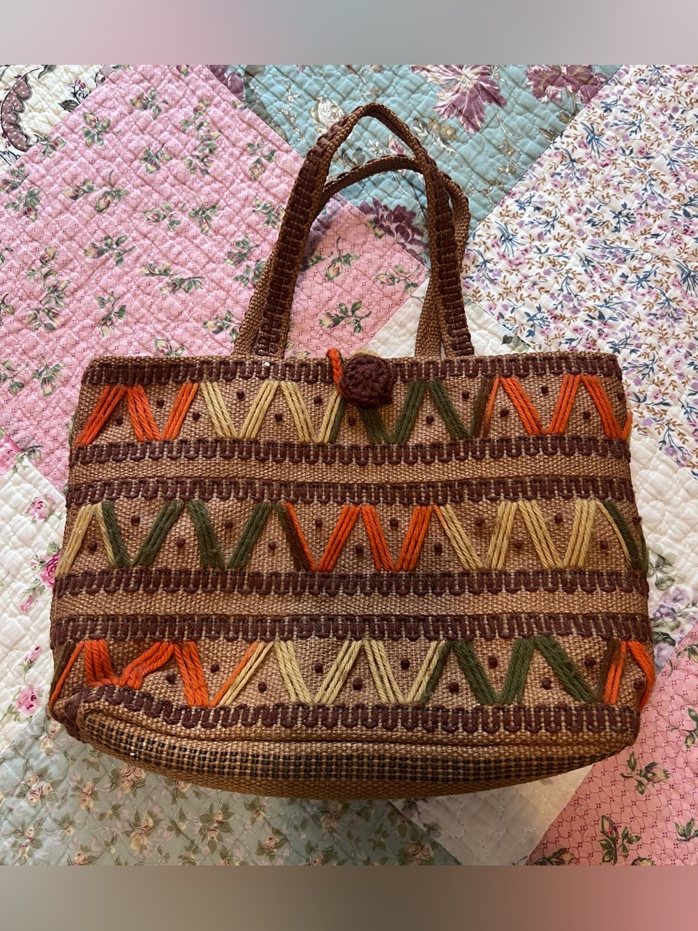 Vintage Handwoven Raffia Straw Tote Bag Yarn Geometric Chevron Boho Brown OS